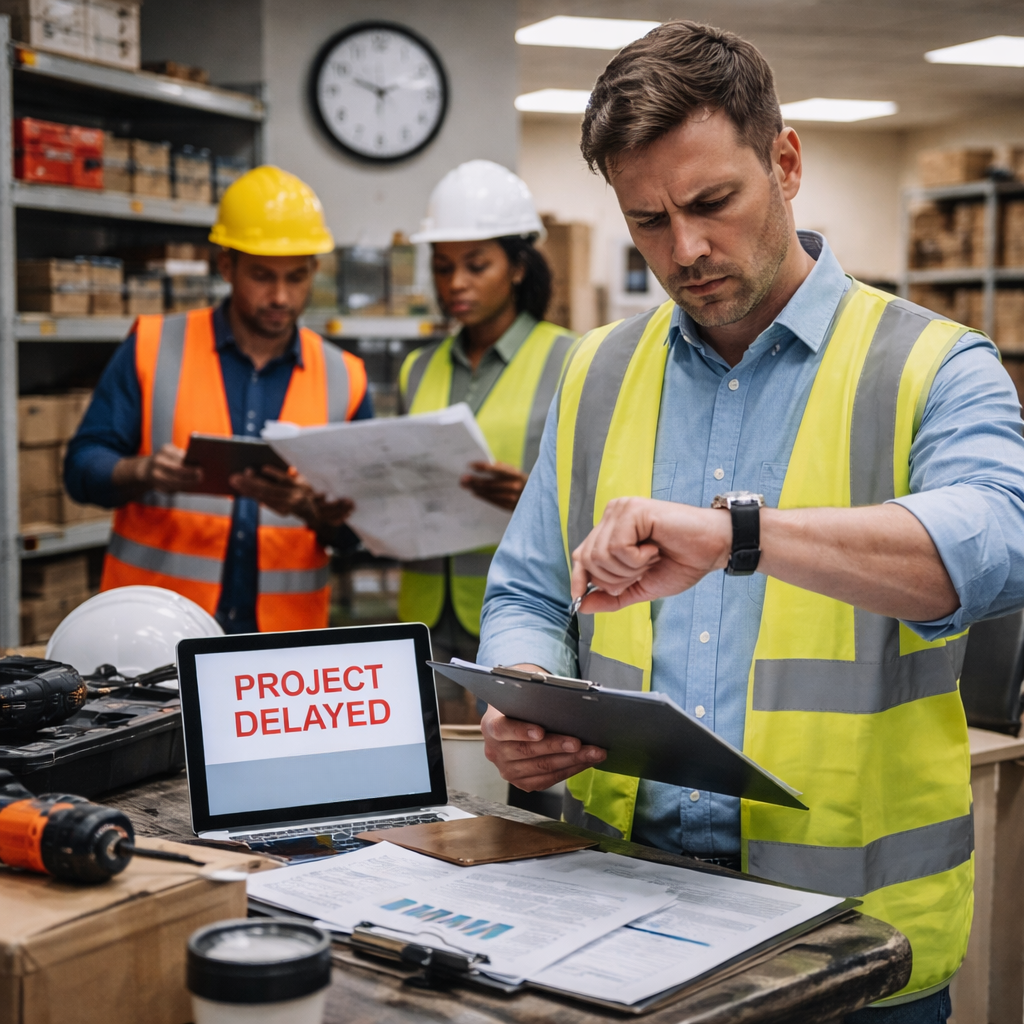 A warehouse team reviews equipment records while a manager checks the time, with a screen showing a project delay alert, highlighting disruption caused by missing or untracked assets.